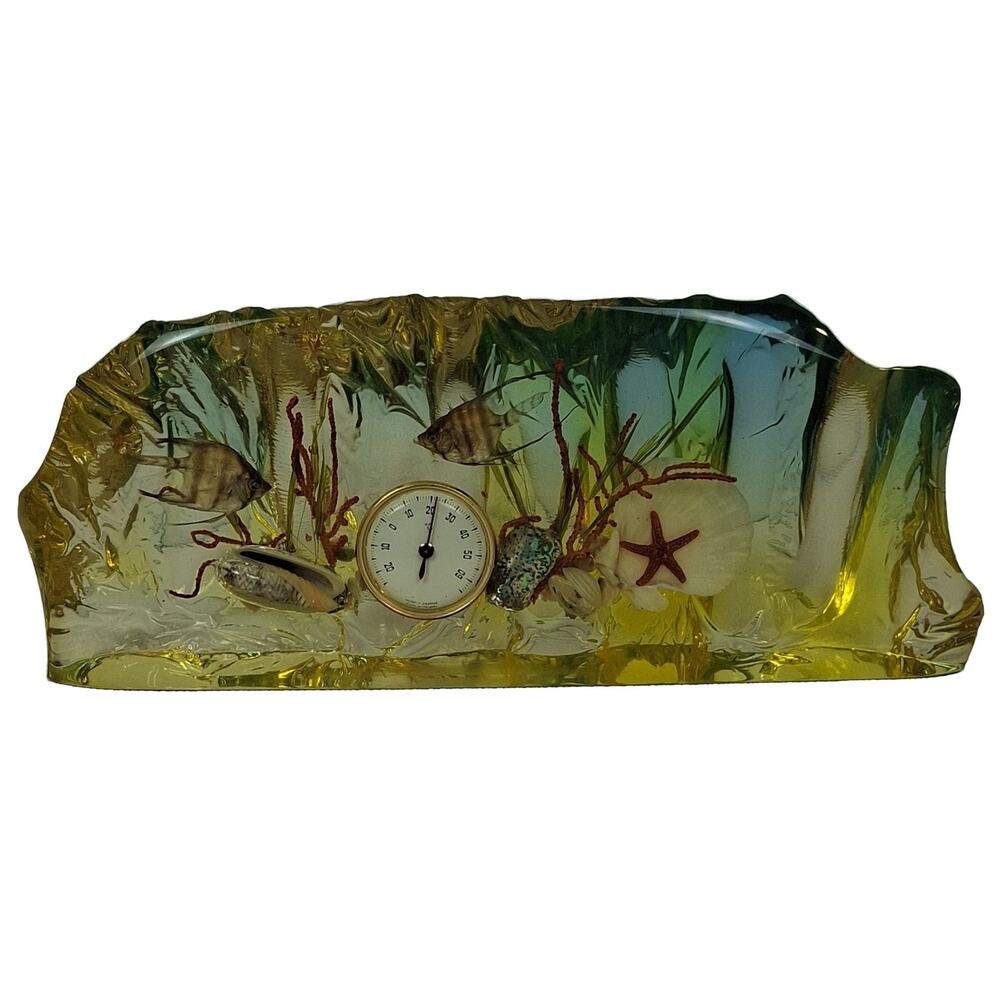 Vintage Resin Underwater Scene Thermometer Paperweight Shells Coral Fish France